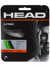 Head Lynx 18G tennis strings in green, showing coiled string with packaging label for the HEAD brand.