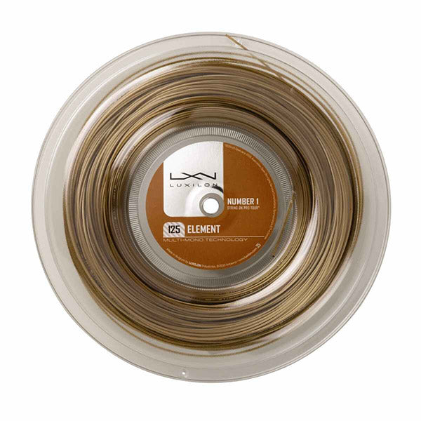 Luxilon Element 125 16L reel of tennis strings in bronze color, showing the coiled string reel with branding on the packaging.
