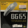 Black Yonex BG-65 badminton strings shown, close-up of the durable, high-performance string packaging for badminton racket stringing.