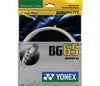 Yonex BG-65 badminton strings, white, tightly wound on spool with detailed texture visible in the image.