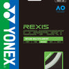 Yonex Rexis Comfort white tennis string spool showing the branded string coil and packaging details.