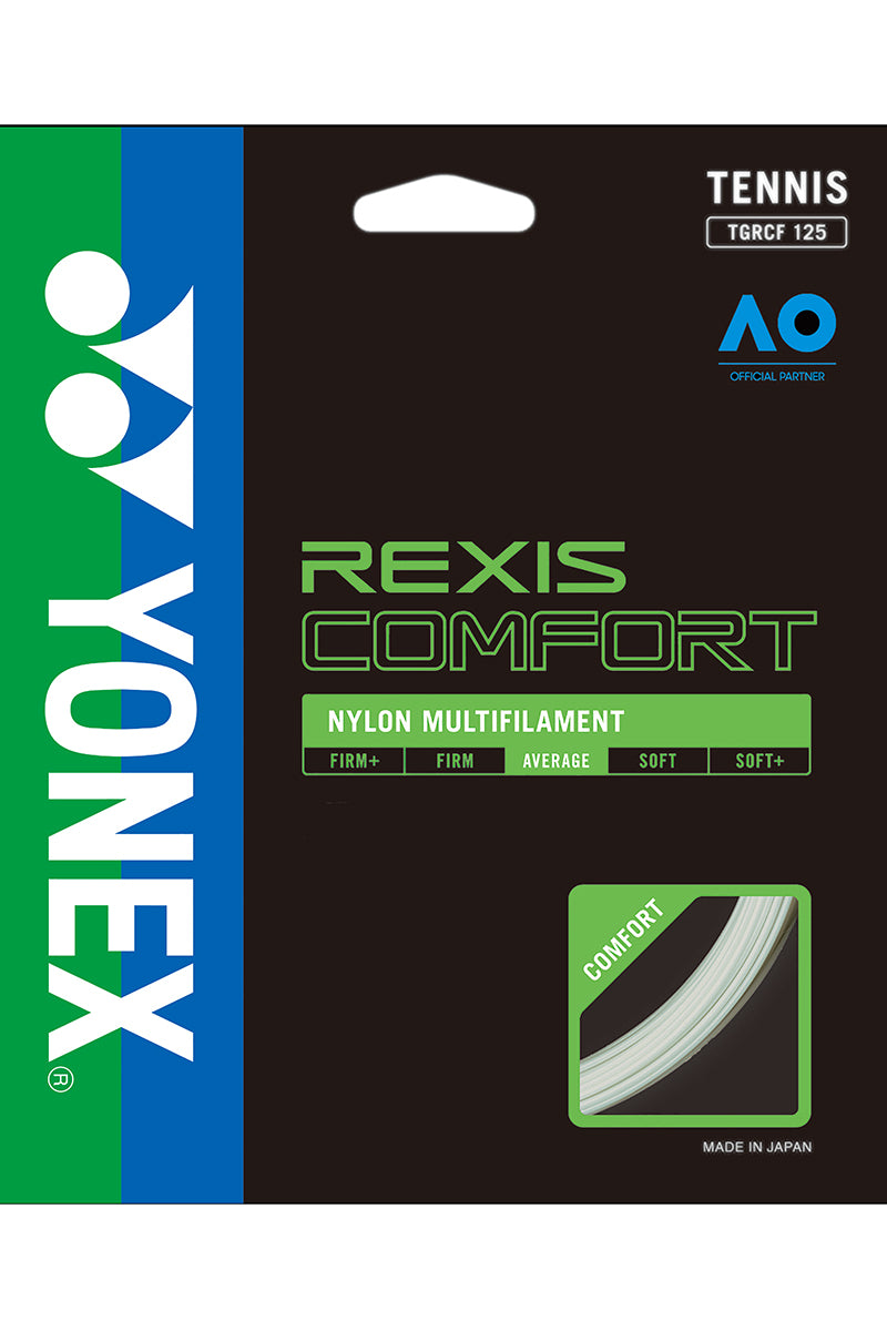 Yonex Rexis Comfort white tennis strings with detailed packaging and string pattern visible in the image