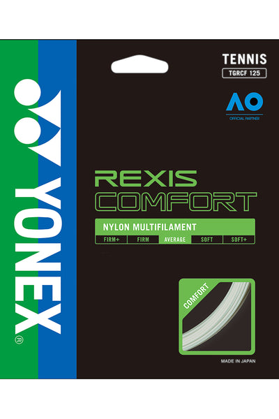 Yonex Rexis Comfort white tennis strings with detailed packaging and string pattern visible in the image