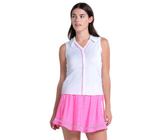 Lucky In Love Piped Birdie Polo Tank (W) (White/Pink)