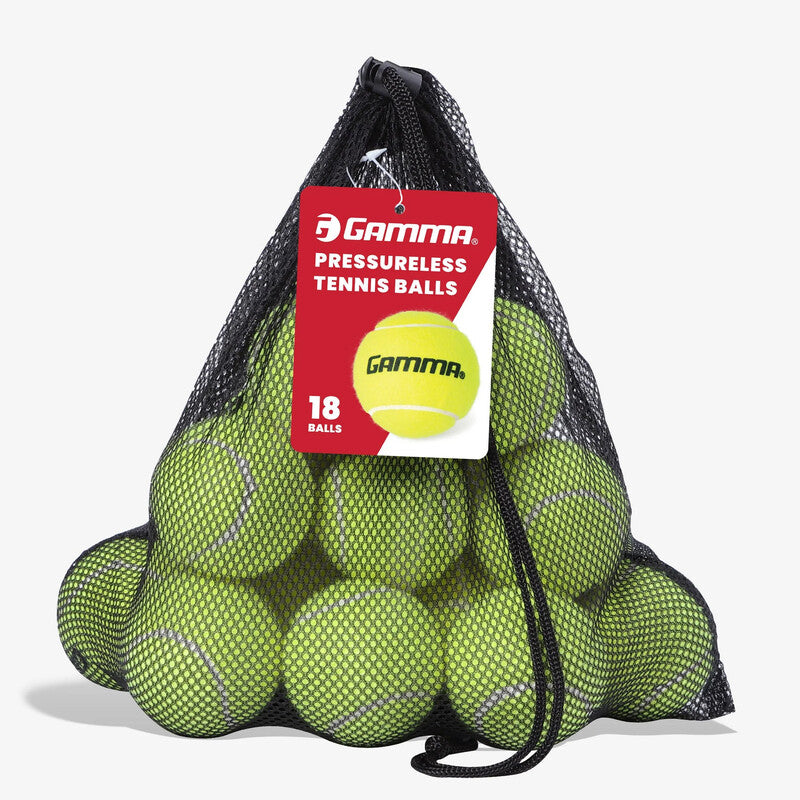 Gamma Bag-O-Pressureless Tennis Balls, yellow, 18-pack, standard size, with fuzzy surface and brand logo visible.