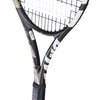 Babolat Pure Drive Wimbledon 100 tennis racquet with blue frame and strings, designed for powerful play on the court.