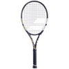 Babolat Pure Drive Wimbledon 100 tennis racquet with blue frame and string pattern, designed for powerful play and control.