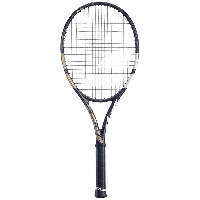Babolat Pure Drive Wimbledon 100 tennis racquet with blue frame and string pattern, designed for powerful play and control.