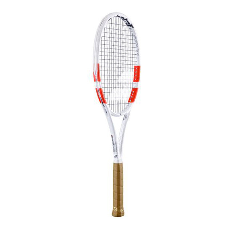 Babolat Pure Strike 97 tennis racquet with white frame and black accents, showcasing the sleek design and grip of the 2024 model.