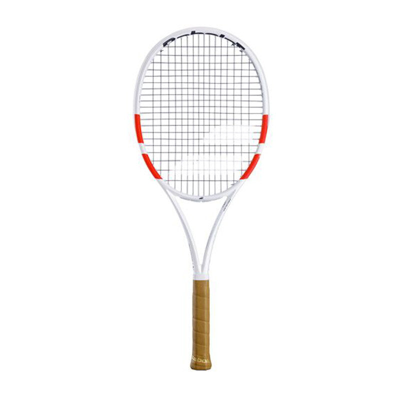 Babolat Pure Strike 97 tennis racquet with white frame and black accents, showcasing its sleek design and grip.