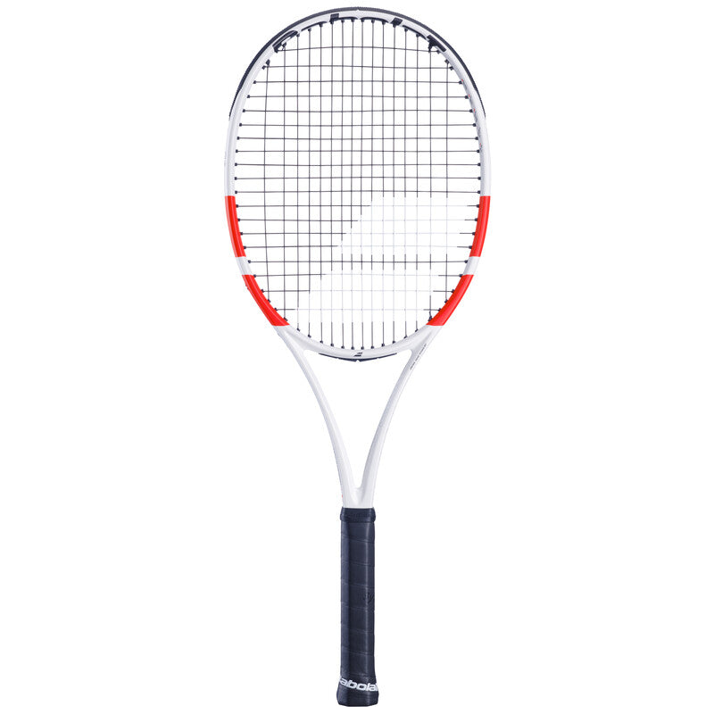 Babolat Pure Strike 98 tennis racquet with 16x19 string pattern, featuring a sleek white frame and ergonomic grip.