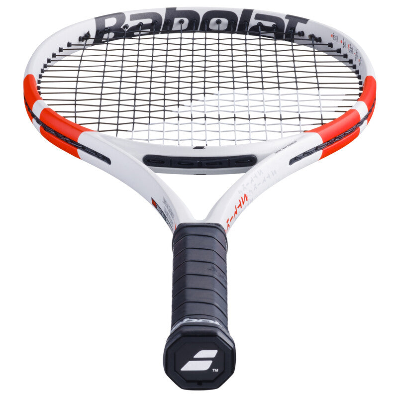 Babolat Pure Strike 98 tennis racquet with 16x19 string pattern, white frame, and ergonomic grip for powerful playing.