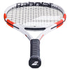Babolat Pure Strike 100 tennis racquet with white frame, 16x20 string pattern, showcasing the sleek design and grip.