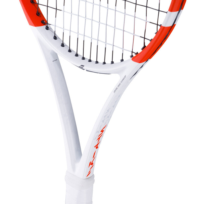Babolat Pure Strike 100 tennis racquet in white with black accents, showing the racket's head and strings.