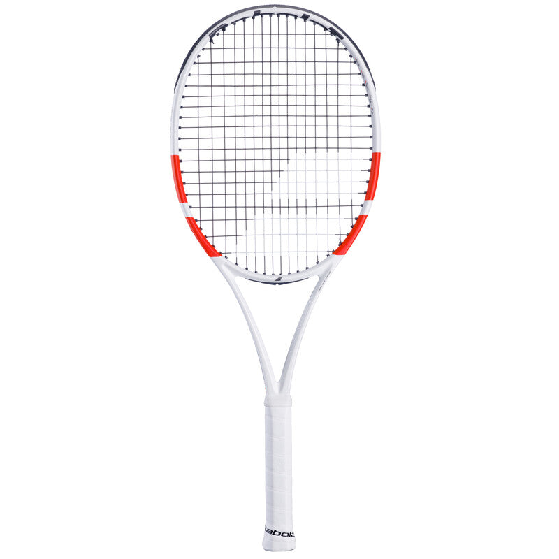 Babolat Pure Strike 100 tennis racquet with white frame and black accents, 2024 model, showing the racquet's head and strings.