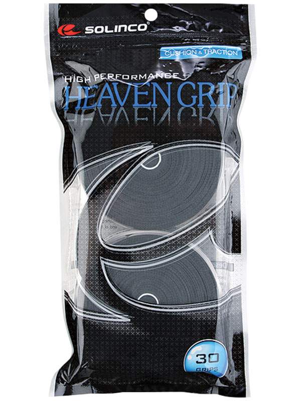 Solinco Heaven Grip Overgrip for tennis racquets, shown in a coiled, white string with branding details visible.