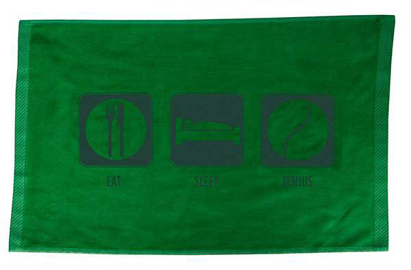 Green Eat Sleep Tennis towel by Fromuth, showcasing a soft, absorbent accessory with the brand logo for tennis players.