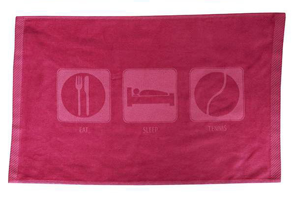 Pink Eat Sleep Tennis towel by Fromuth, soft fabric accessory with printed text, ideal for tennis players and sports enthusiasts.