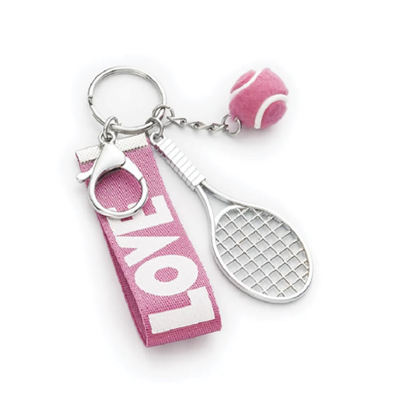 Pink tennis racquet keychain by RACQUET INC featuring a miniature tennis racquet charm on a keyring.