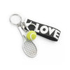 Silver tennis racquet keychain by RACQUET INC featuring a miniature tennis racquet charm on a keyring.