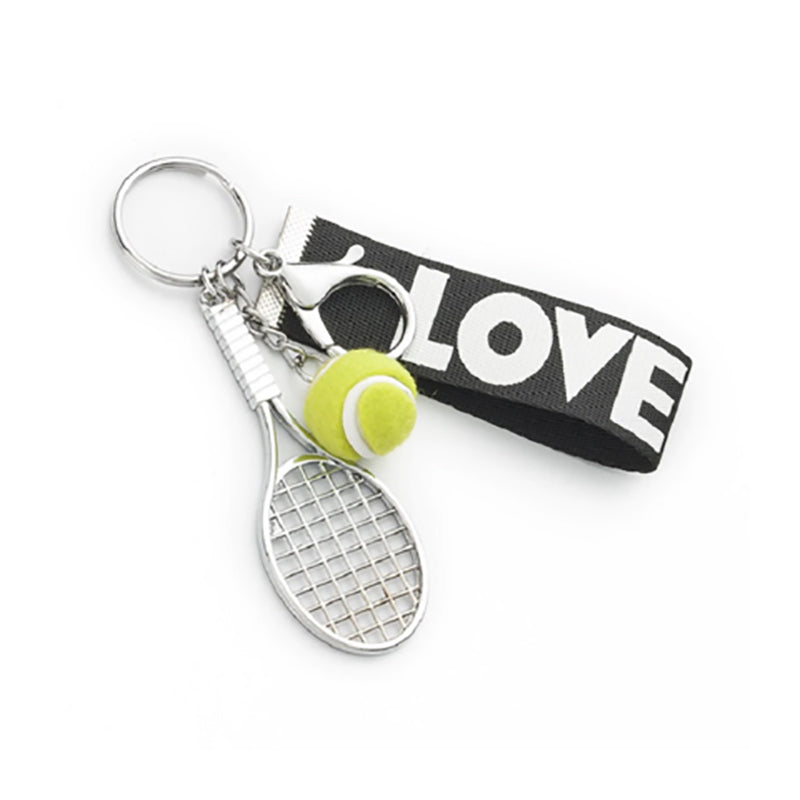 Silver tennis racquet keychain by RACQUET INC featuring a miniature tennis racquet charm on a keyring.