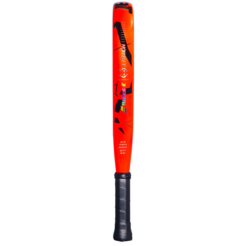 Babolat Padel Viper Soft Juan Lebrón 3.0 paddle with orange design, showing the grip and face for padel tennis enthusiast.