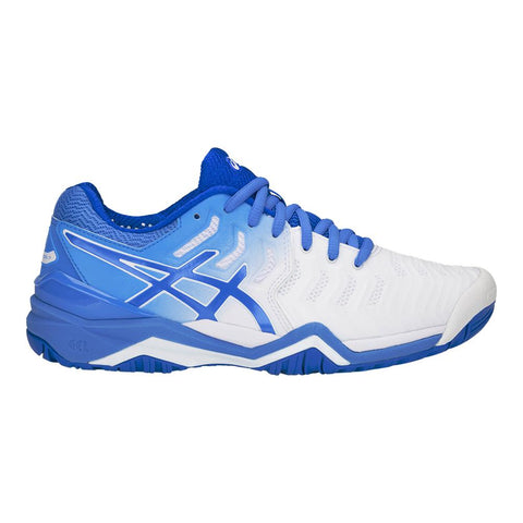 Asics Women's Gel-Resolution 7 Tennis Shoes White and Blue Coast
