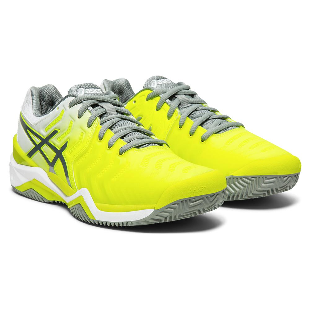 Asics Women's GEL-Resolution 7 Clay Tennis Shoes Safety Yellow and Stone Gray